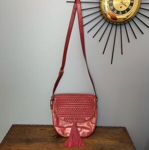 FOSSIL Emi Wine Leather Saddle Bag Crossbody Large Tassel